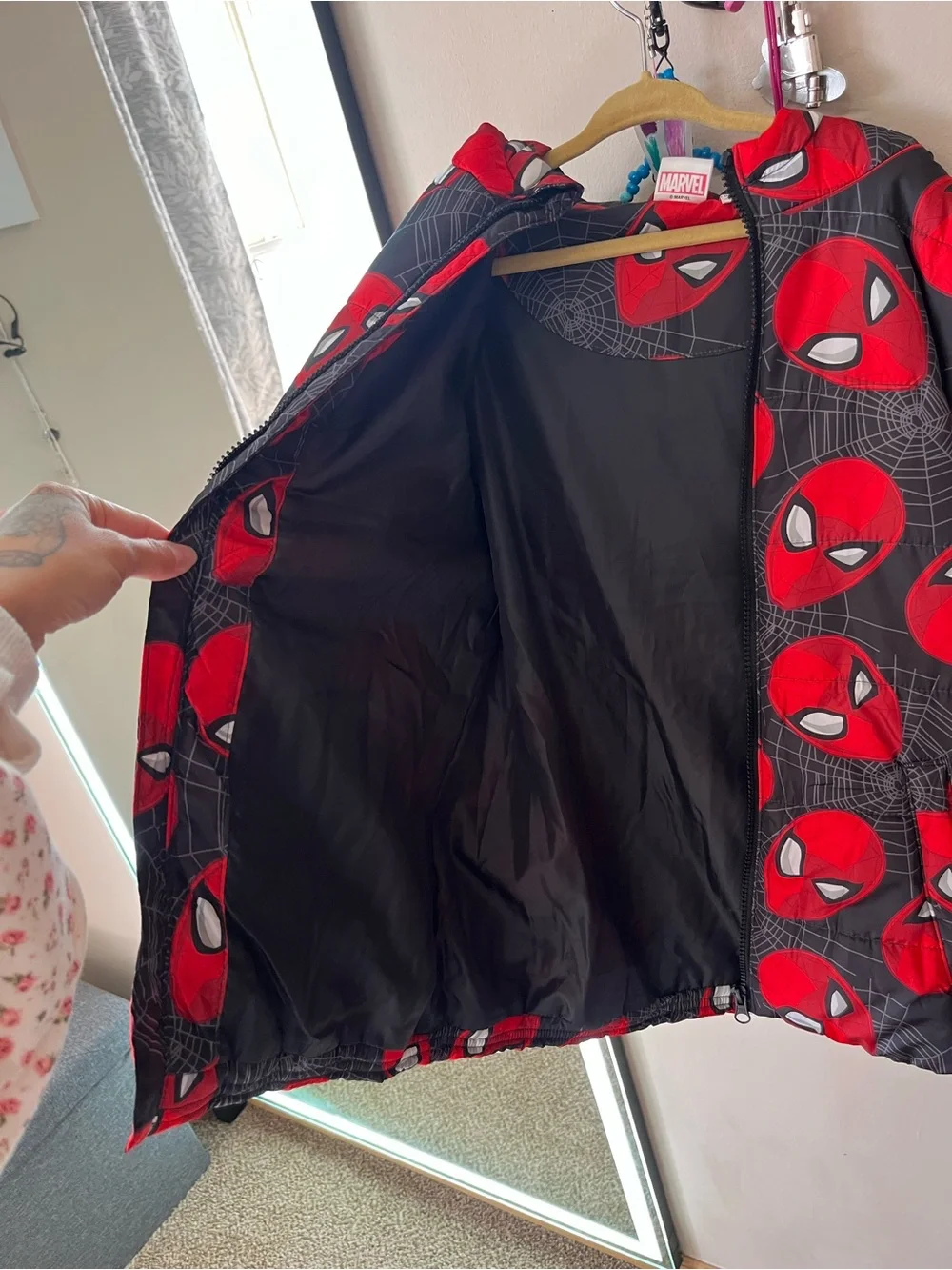 Marvel Black Puffer Jacket with Red Spider-Man Face Print